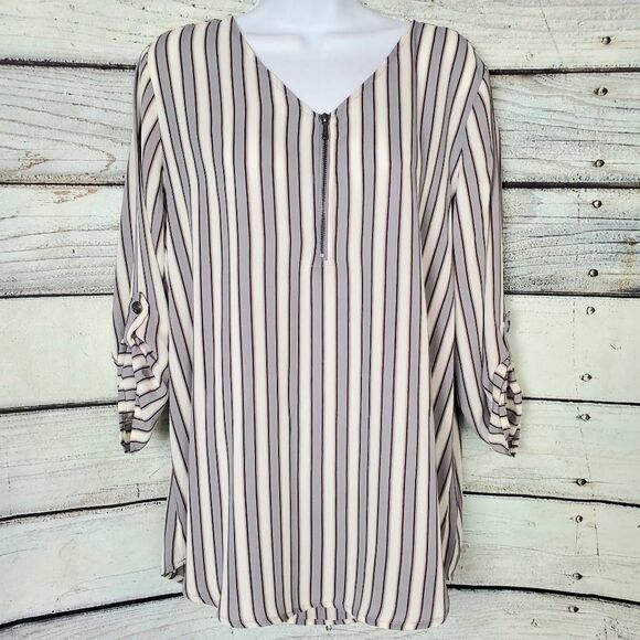 Maurices Women’s Blouse L Gray Burgundy Striped Long Sleeve Zip Front - Picture 1 of 8
